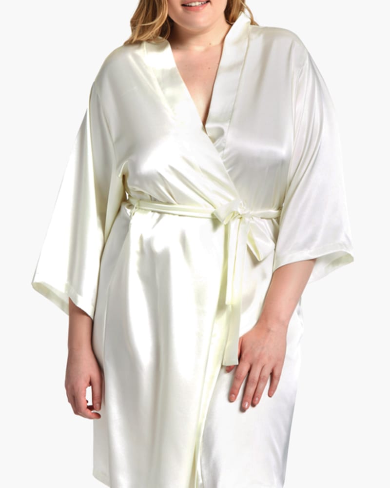 Front of a model wearing a size 1X Gina Satin Robe in Ivory by iCollection. | dia_product_style_image_id:253853